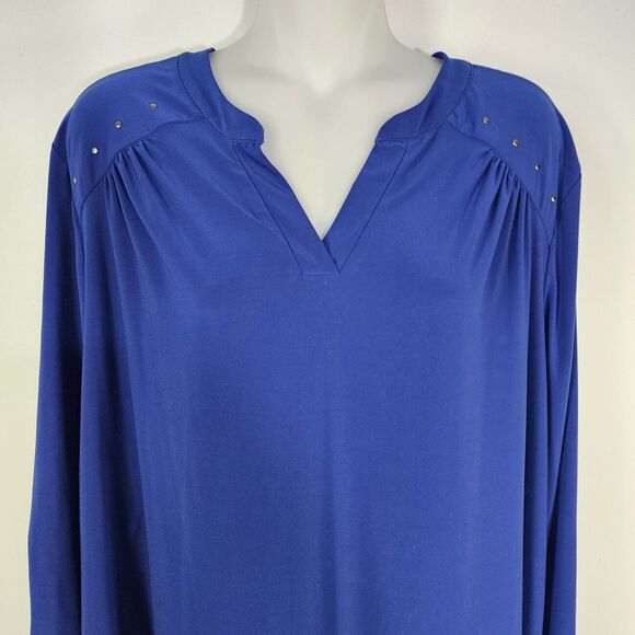 Denim & Co Tunic Top Womens 1X Blue Split V Neck 3/4 Tab Sleeve Studded Detail - Picture 3 of 11